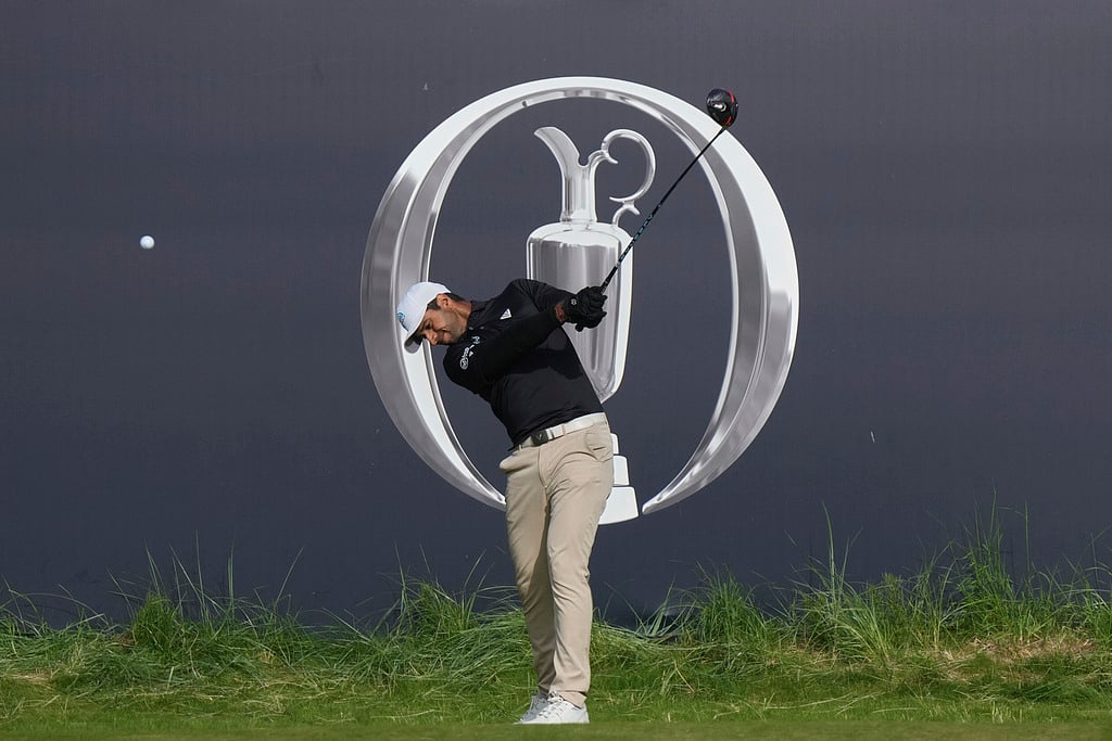 AP/Jon Super : Sahith Theegala of the United States plays off the 1st tee during a practice round for the British Open golf Championship.