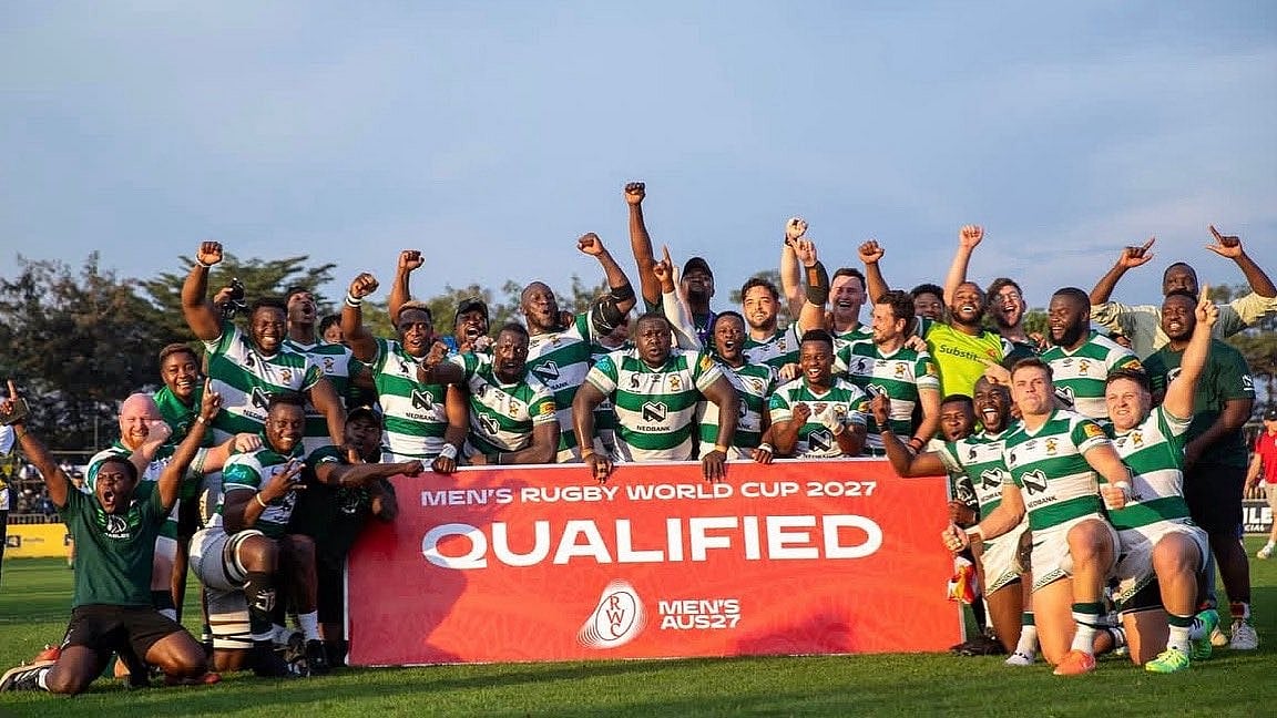 X/Zimbabwe Sables : Zimbabwe players celebrate after winning the Rugby Africa Men's Cup final and qualifying for the 2027 World Cup.