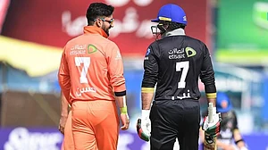 | Photo: X/HassanEisakhail : File photo of Hassan Eisakhil and Mohammad Nabi in action in the Shpageeza Cricket League 2024.
