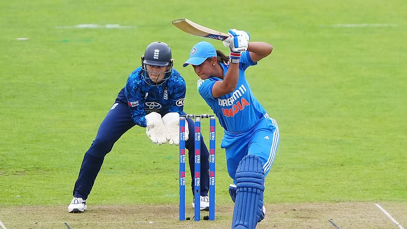 Indias Harmanpreet Kaur hits a boundary for four during the third ODI. AP