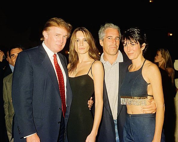 From left, American real estate developer Donald Trump and his girlfriend (and future wife), former model Melania Knauss, financier (and future convicted sex offender) Jeffrey Epstein, and British socialite Ghislaine Maxwell pose together at the Mar-a-Lago club, Palm Beach, Florida, February 12, 2000.  - (Photo by Davidoff Studios/Getty Images)