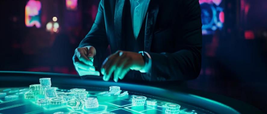 Person playing casino chips on a glowing table