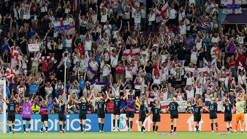 England players celebrate after winning the Womens Euro 2025 semifinals. AP