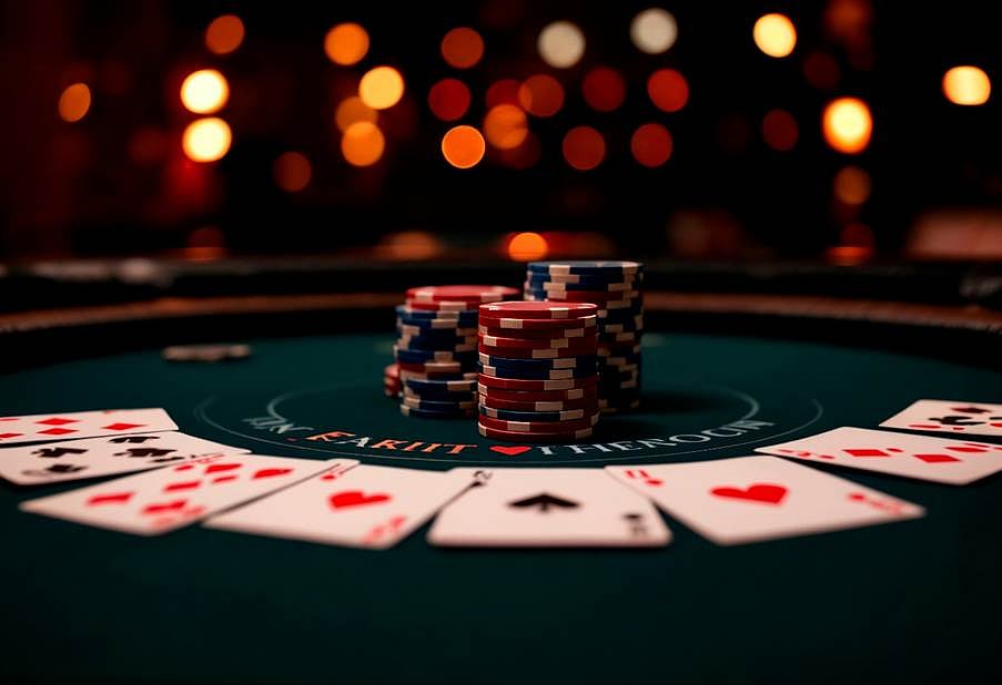 Some coins and cards on the casino table