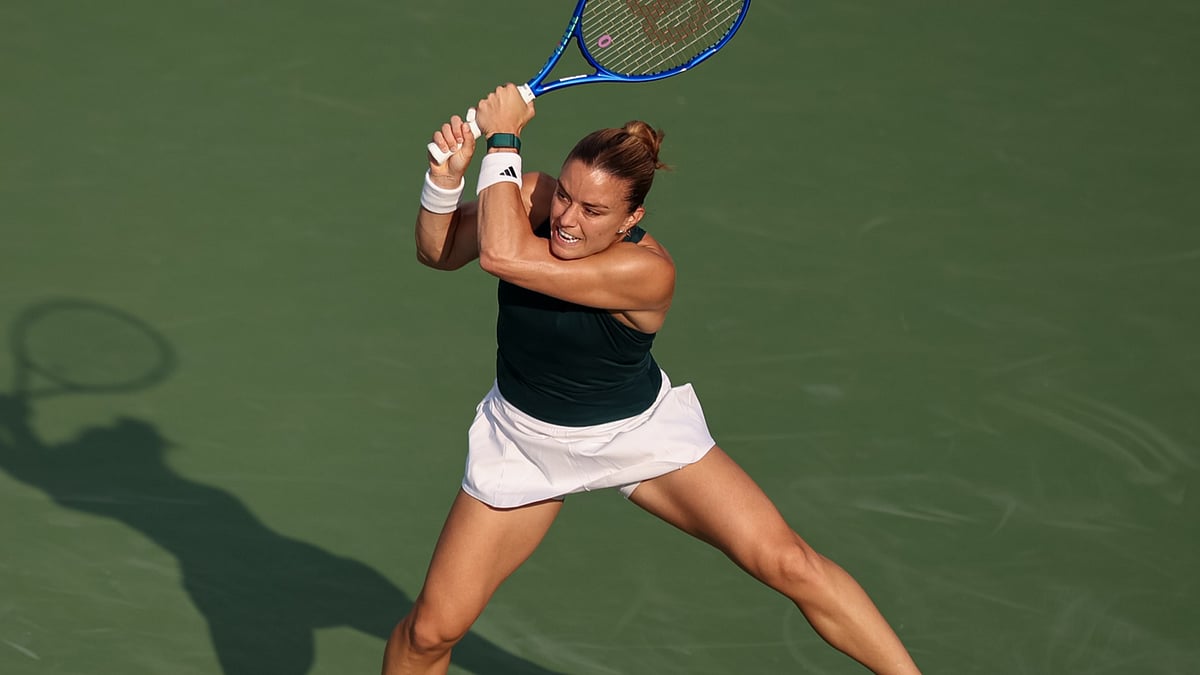 File : Washington Open 2025: Maria Sakkari celebrates her win against Emma Navarro.