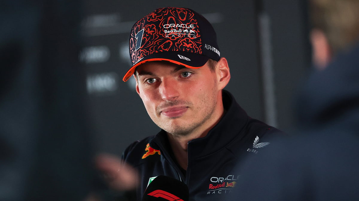 Max Verstappen speaks to reporters ahead of the Belgian Grand Prix.