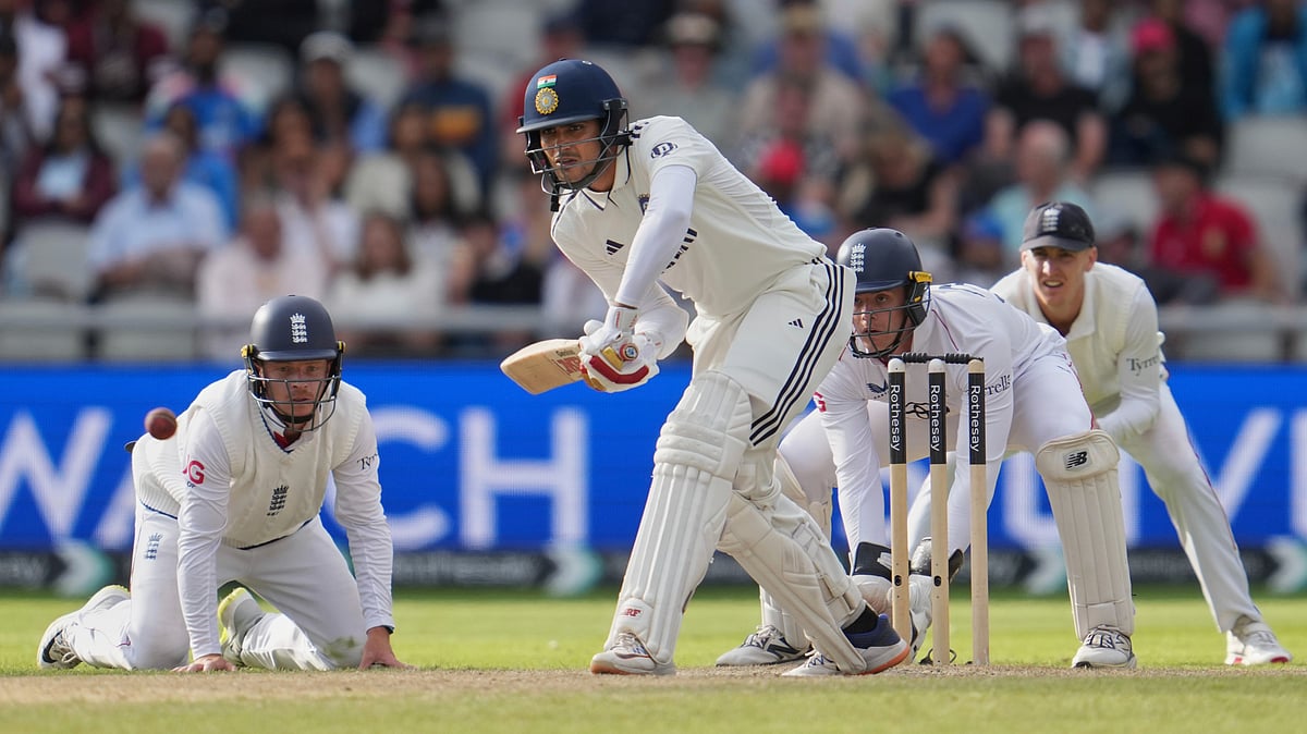 Indias captain Shubman Gill plays a shot on the fourth day. AP Photo