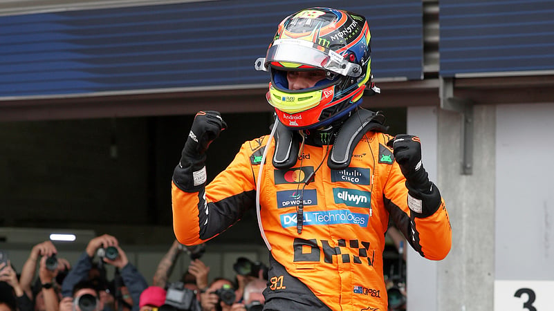 Belgian Grand Prix F1: McLaren driver Oscar Piastri celebrates his win AP Photo