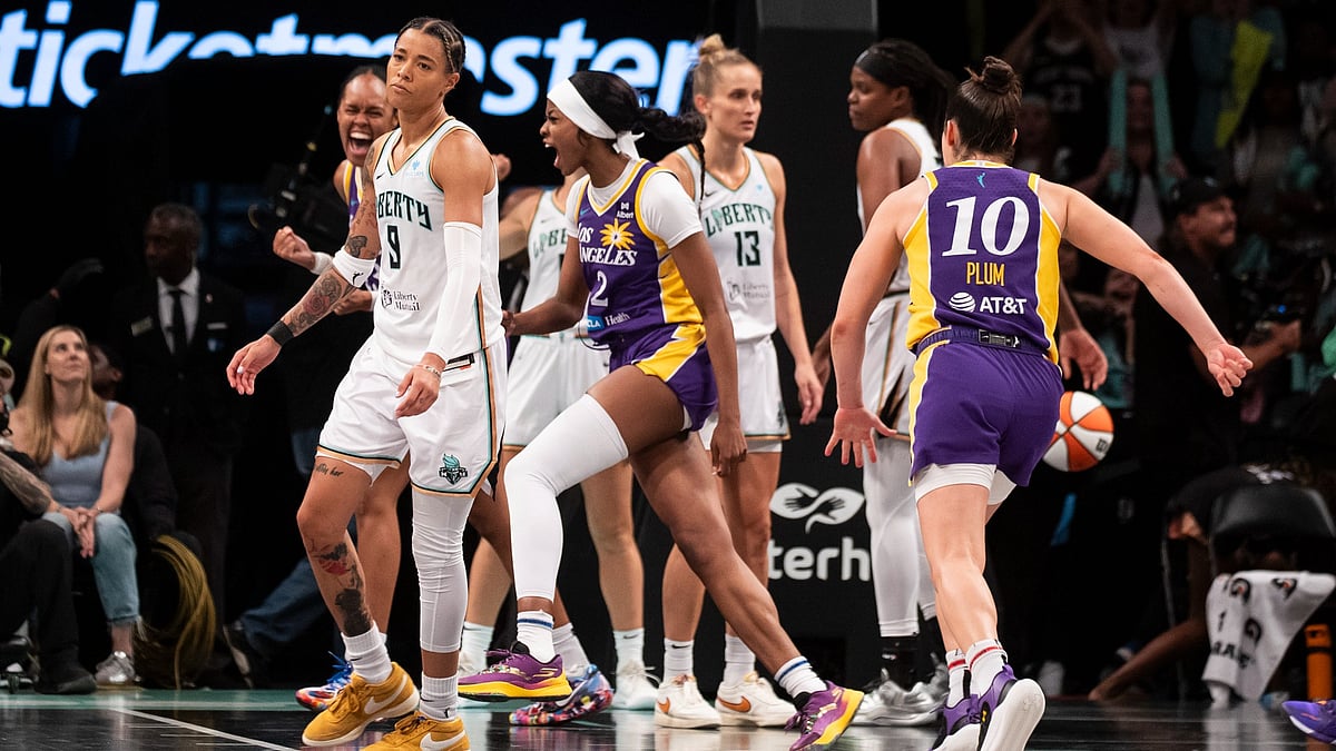 Rickea Jackson #2 of the Los Angeles Sparks reacts to hitting the game winning basket against the New York Liberty at Barclays Center on July 26, 2025 in New York City.