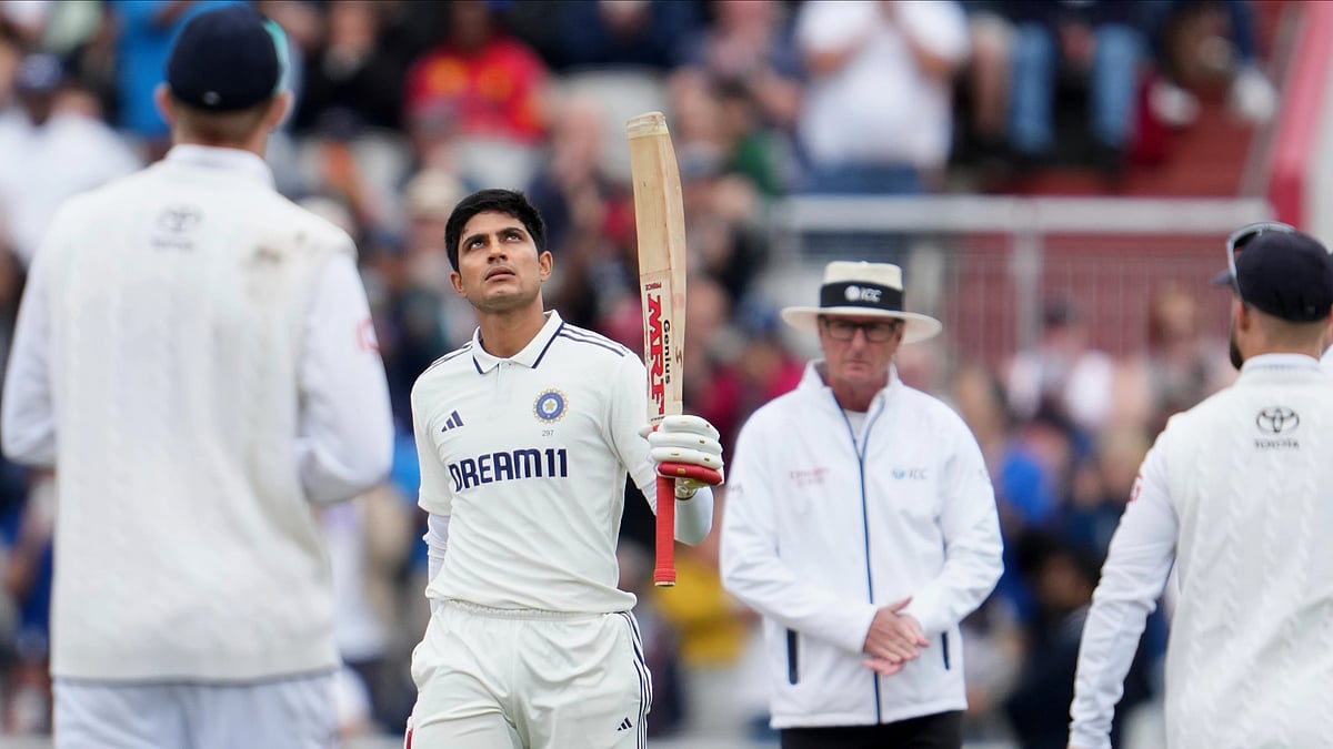 Indias captain Shubman Gill celebrates after scoring a century. AP