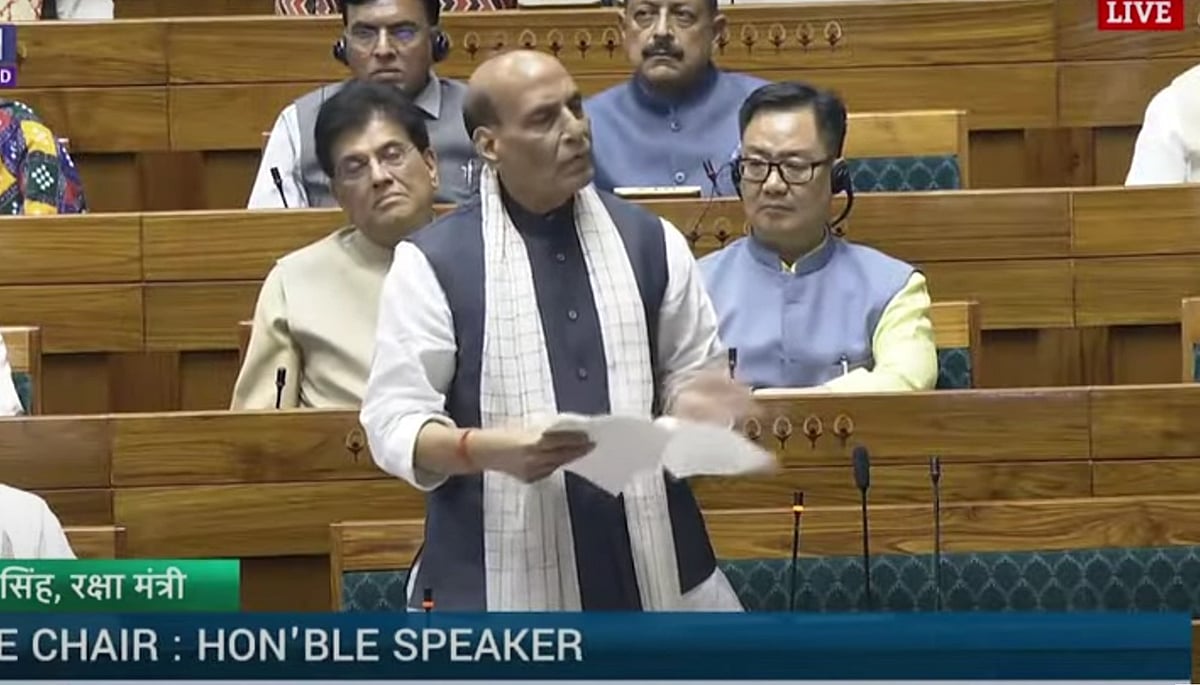 Defence Minister says Congress leader must present evidence of alleged vote rigging.  - Sansad TV; Rajnath Singh in Parliament 2025