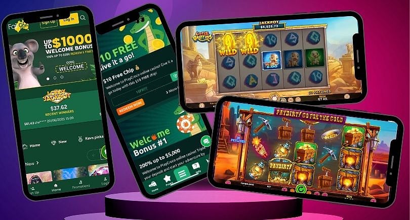 From Left: FairGo Casino Mobile Page, Promotions. Little Griffins, Paydirt! Go For Gold