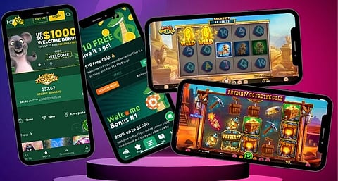 From Left: FairGo Casino Mobile Page, Promotions. Little Griffins, Paydirt! Go For Gold