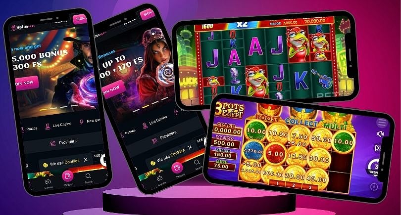 From Left: Spins Up Home Page, Promo Page, Elvis Frog Trueways, 3 Pots of Egypt