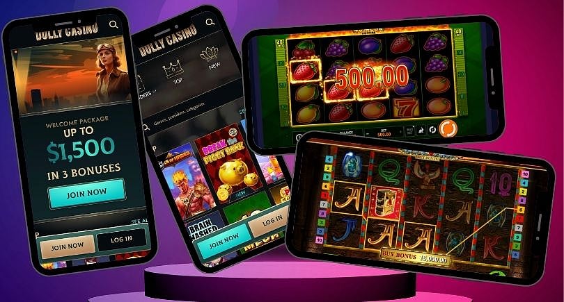 From Left: Dolly Casino Mobile Page, Lobby, 40 Mega Hotfire, Book of Ra Buy Bonus
