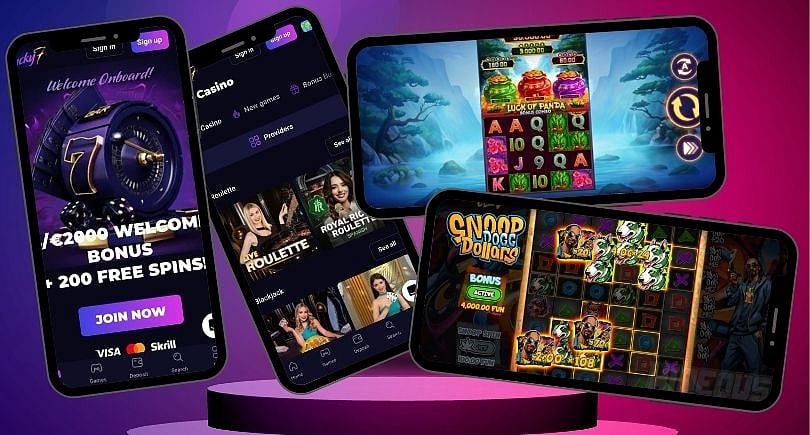 From Left: Lucky7 Mobile Page, Lobby, Luck of Panda Bonus Combo, Snoop Dogg Dollars