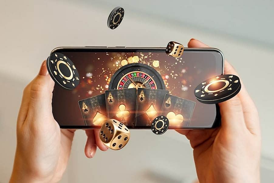 Casino elements emerging from a smartphone screen