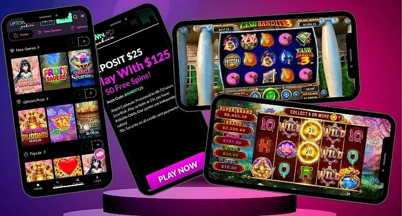 From Left: Uptown Pokies Lobby, Mobile Page. Cash Bandits 3, Fortunate Buddha