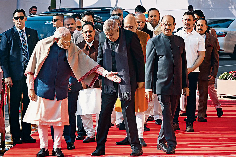 | Photo: Getty Images : Mysterious Exit: Prime Minister Narendra Modi with Jagdeep Dhankhar in Parliament on December 13, 2024