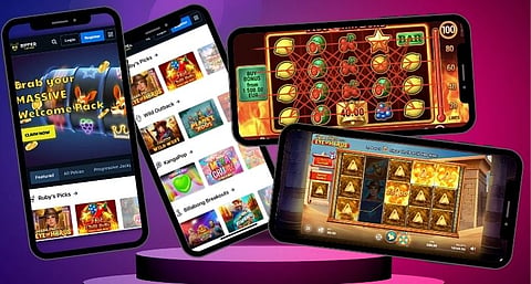 From Left: Ripper mobile page, Lobby, Hot Chilli Bells & Tessa Hunt and The Eye of Horus Pokies Game