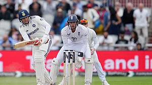 AP Photo/Jon Super : India's captain Shubman Gill plays a shot on the final day of the fourth cricket test match between England and India at Emirates Old Trafford, Manchester.