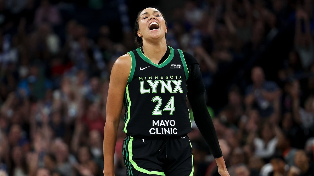 Napheesa Collier #24 of the Minnesota Lynx reacts after scoring a three-point shot during the second quarter against the New York Liberty at Target Center on July 30, 2025 in Minneapolis, Minnesota.