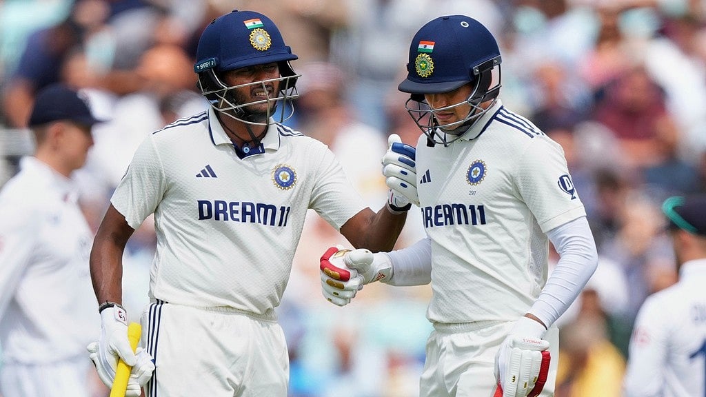 Kirsty Wigglesworth : Sai Sudharsan, left, and India's captain Shubman Gill celebrate a for during the first day of the fifth Test