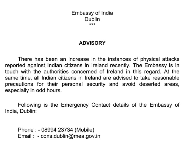 X : Indian Embassy Issues Advisory in Ireland