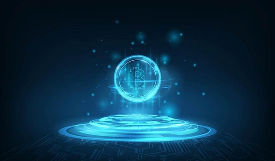 Glowing Bitcoin symbol in digital style
