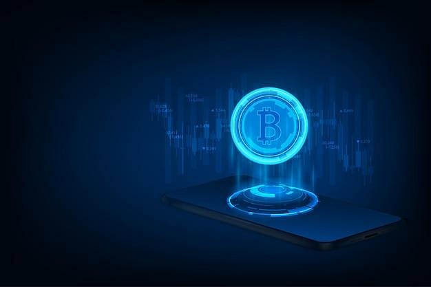 Glowing Bitcoin symbol above a smartphone