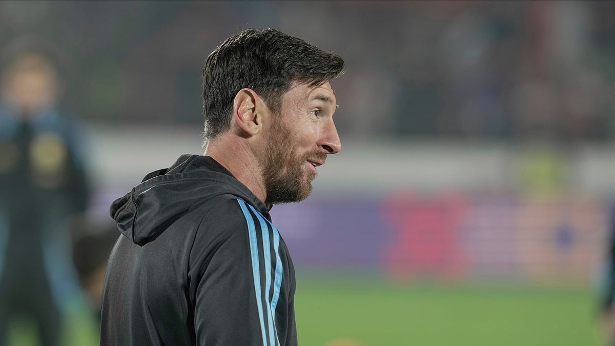 Argentinas Lionel Messi warms up prior to a qualifying football match. AP