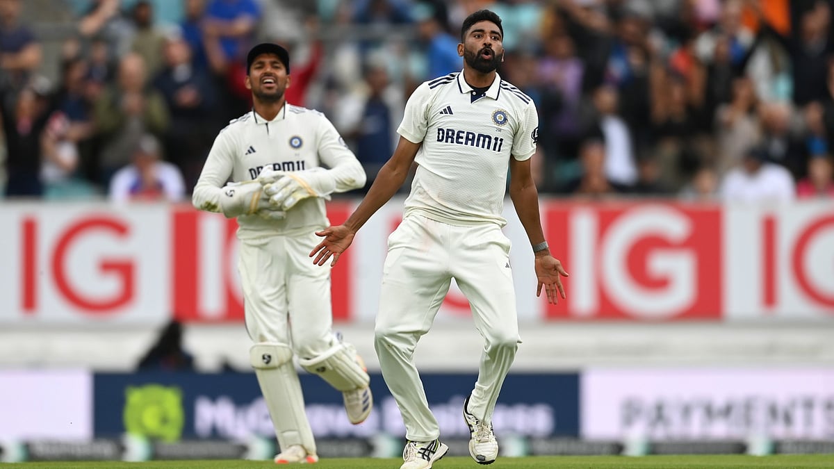 India vs England 5th Test: Mohammed Siraj celebrates the match winning wicket of Gus Atkinson at the Oval.