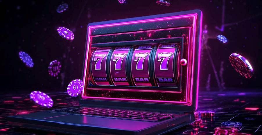 Slot machine with three 7s and casino chips