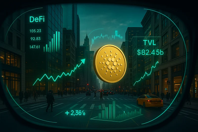 Futuristic view of a city street with digital overlays displaying Cardano (ADA) cryptocurrency stats