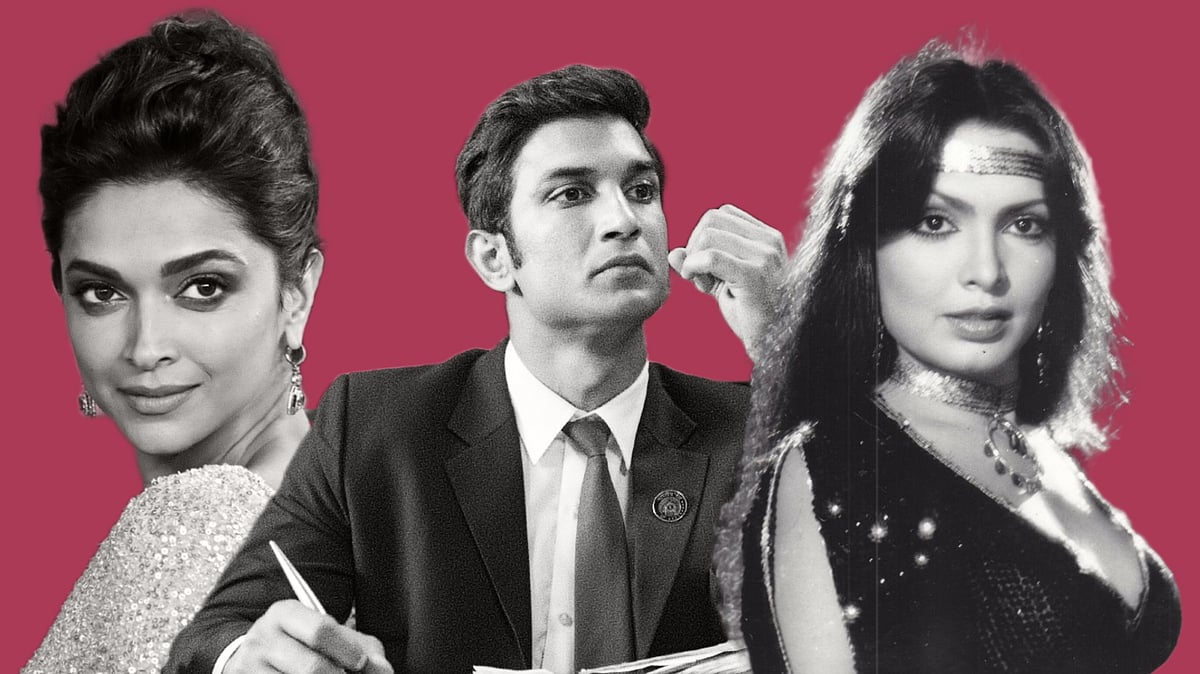 Bollywood stars coping with mental health issues: L to R- Deepika Padukone, Sushant Singh Rajput, Parveen Babi - Illustration