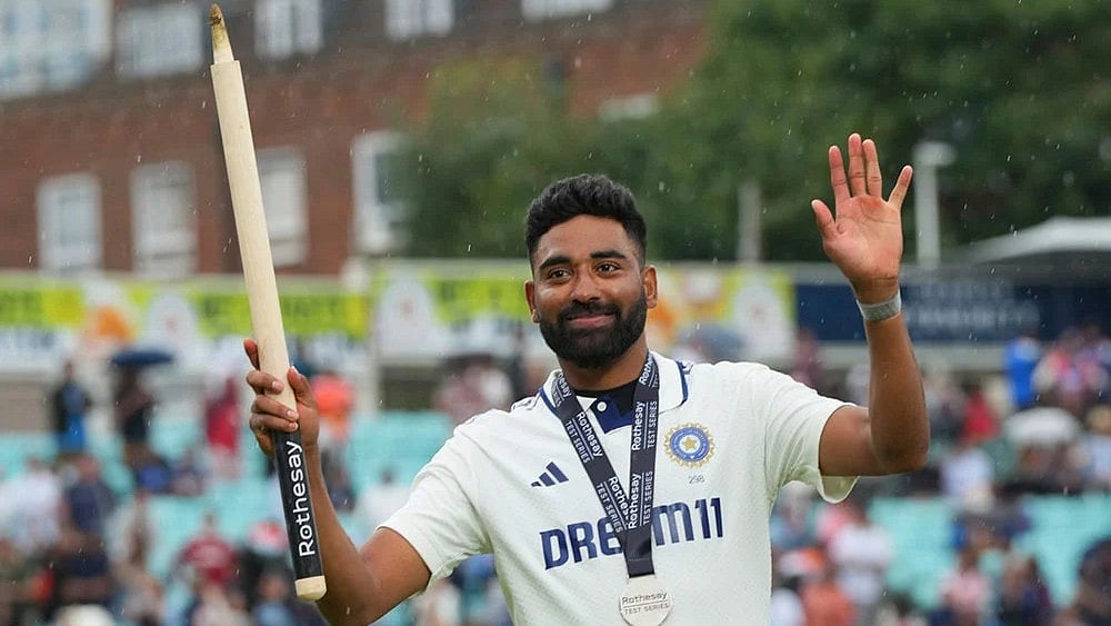 | Photo: AP/Kirsty Wigglesworth : India vs England 5th Test Day 5: Mohammed Siraj celebrating his win.