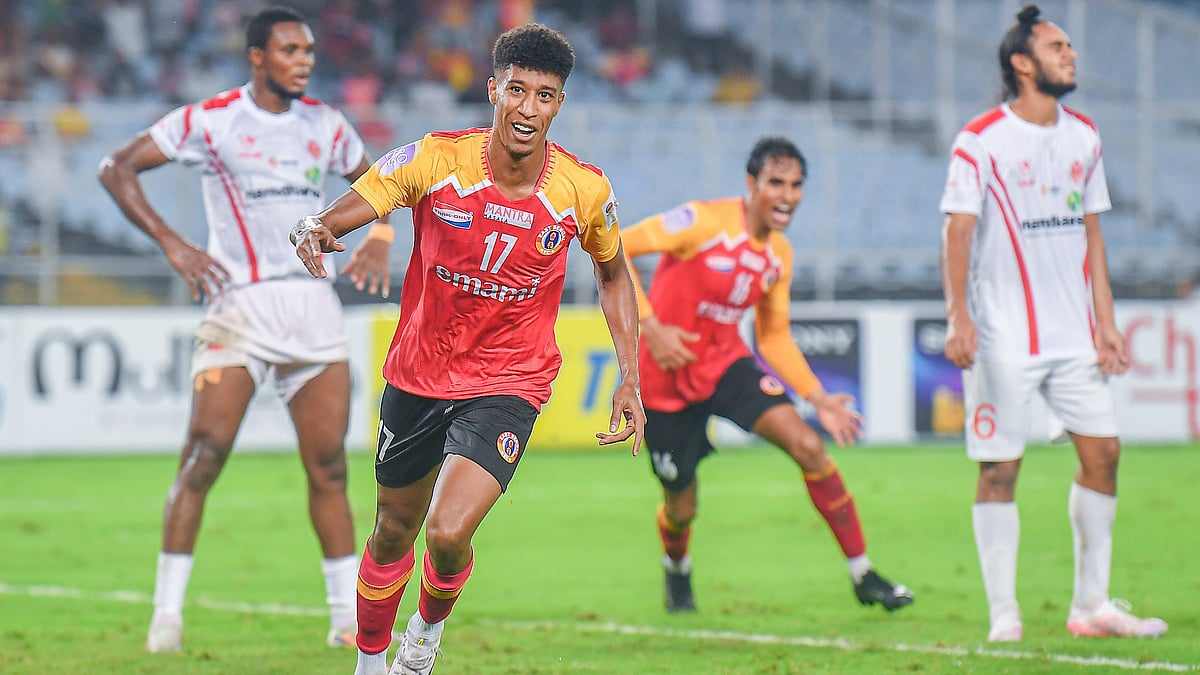 | Photo: Durand Cup : East Bengal vs Namdhari FC, Durand Cup: Hamid Ahadad celebrates after scoring the first goal in the Group A fixture at the Vivekananda Yuba Bharati Krirangan on 6 August 2025.