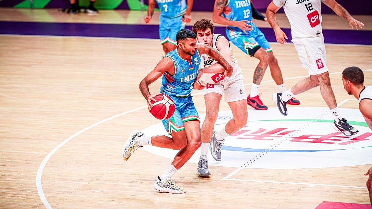 | Photo: X/BFI_basketball : The Indian national basketball team in action against Jordan in the FIBA Asia Cup 2025.