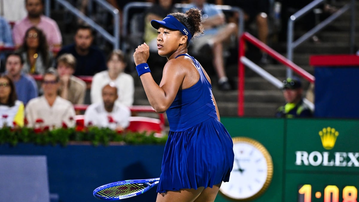 Naomi Osaka celebrates her win in Montreal