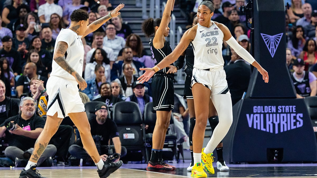 Las Vegas Aces centre A'ja Wilson celebrates. - null
