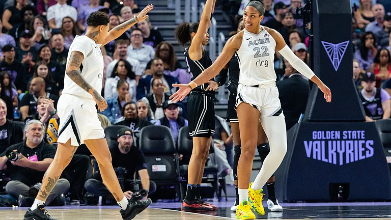 Las Vegas Aces centre A'ja Wilson celebrates. - null