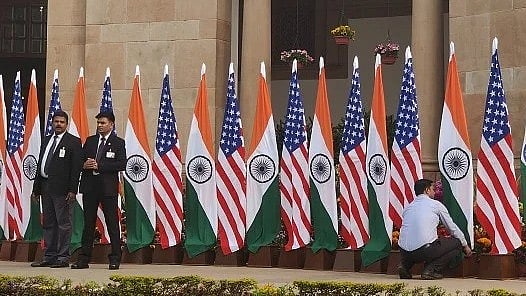 Getty Images : India and United States flags on display at Hyderabad House