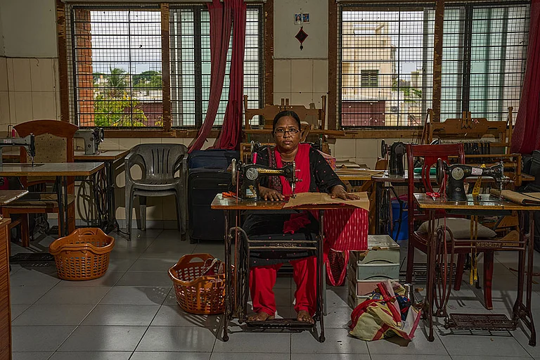 Mariam Swamy with her tailoring table in The Banyan Chennai - | Photo: Manpreet Romana