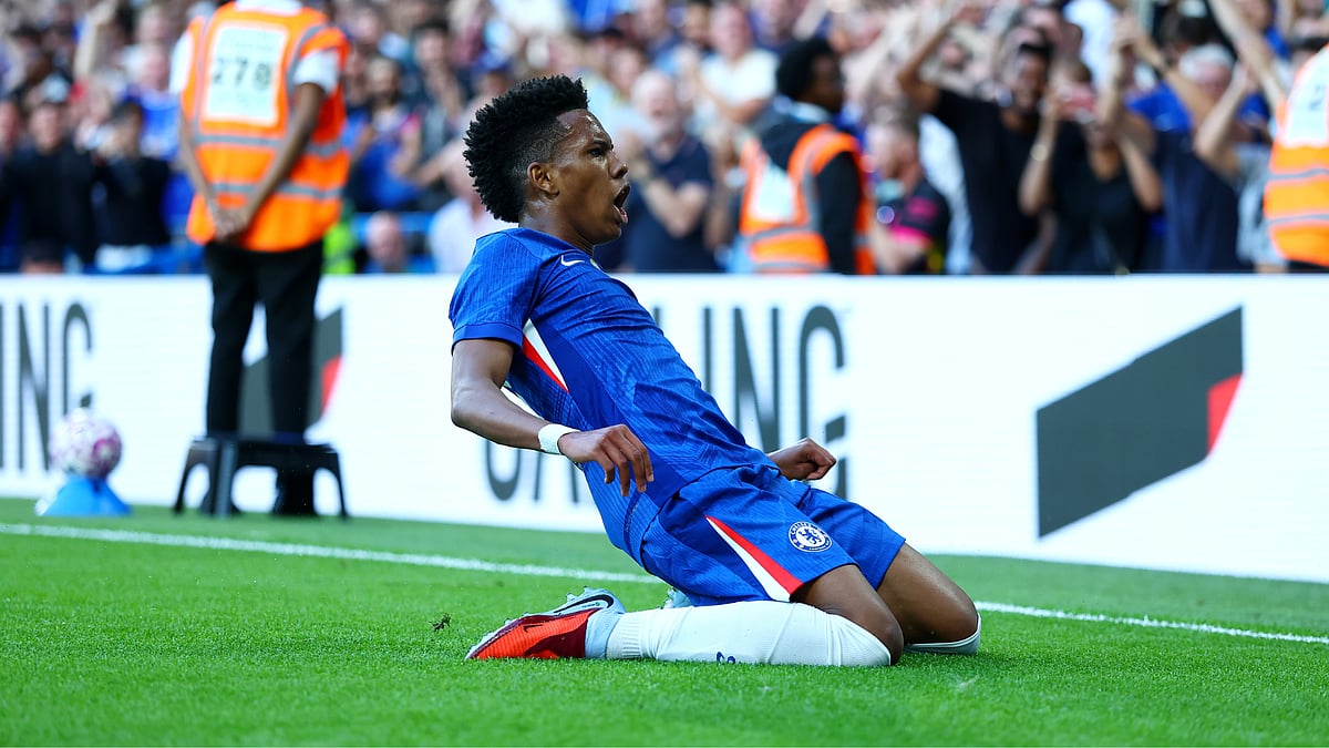 Chelsea's Estevao celebrates his goal against Bayer Leverkusen - null