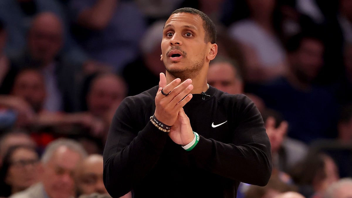 Boston Celtics head coach Joe Mazzulla looks on during a 2025 NBA playoff game vs. the New York Knicks.