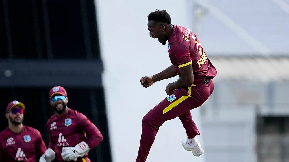 | Photo: AP/Ricardo Mazalan : WI Vs ENG, 3rd ODI: West Indies' Matthew Forde celebrates taking the wicket of England's Will Jacks