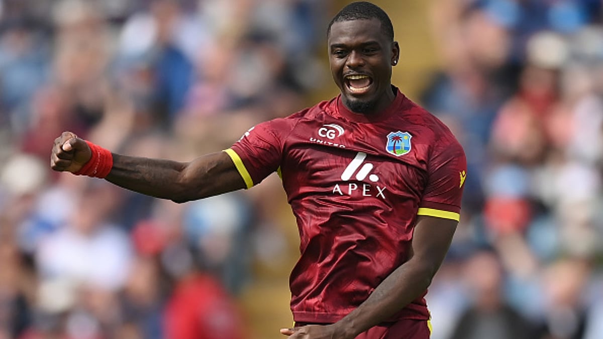 Jayden Seales celebrates as Windies beat Pakistan.