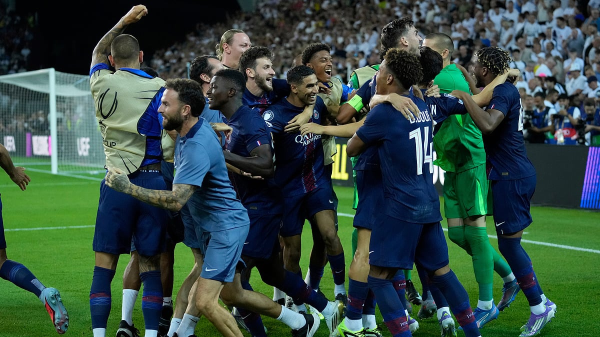 PSG vs Tottenham UEFA Super Cup 2025 Paris Saint-Germain players celebrate AP Photo