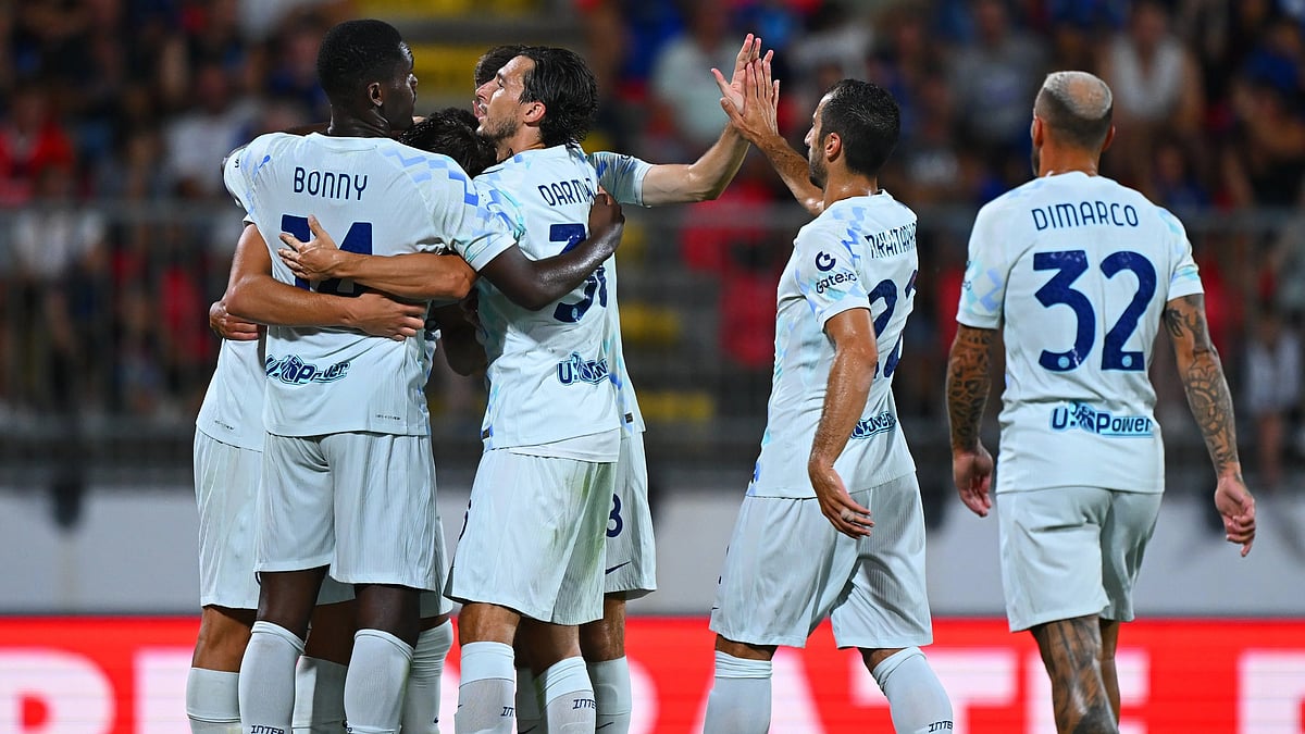 | Photo: X/Inter : Inter Milan vs Olympiacos: Inter players celerbate after scoring in the pre-season friendly match against Monza.