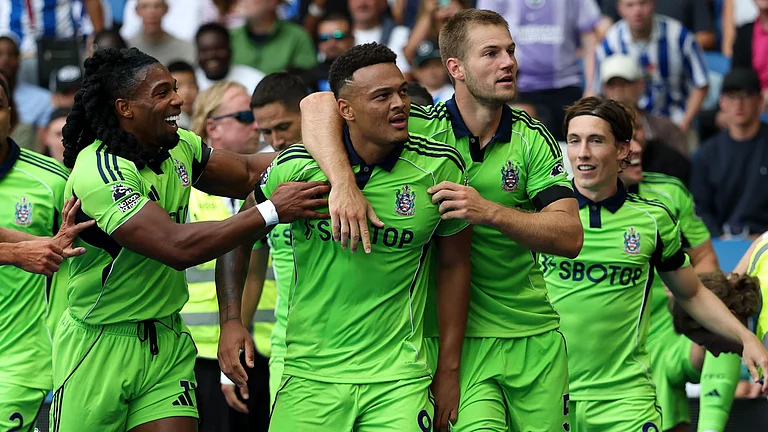 Fulham celebrate Muniz's equaliser against Brighton - null